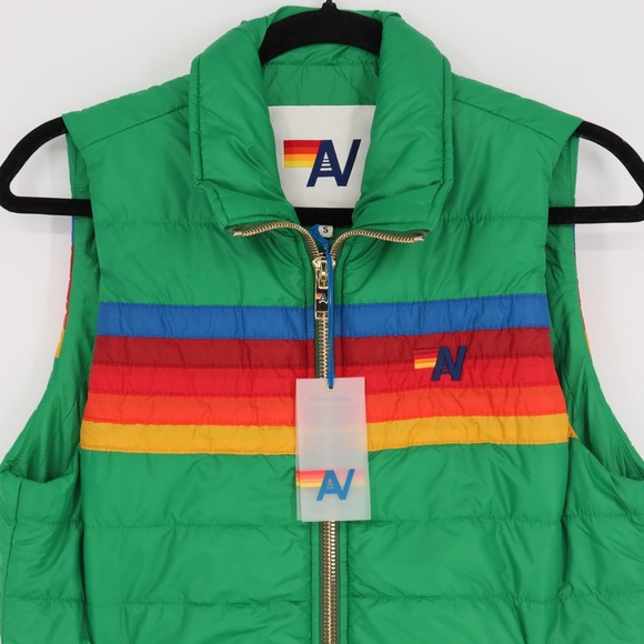 Aviator Nation Women's 5 Stripe Puffer Vest Size S Green Rainbow Non Glossy NWT - Picture 4 of 10